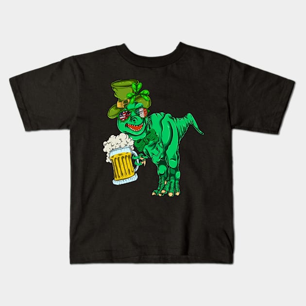 Trex Dinosaur Beer Shamrock St Patricks Day Kids T-Shirt by ShirtsShirtsndmoreShirts